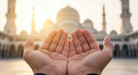A pair of hands cupped together in prayer with a blurred mosque and sunset in the background.