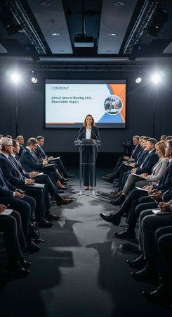 Female executive presenting to a group of formally dressed professionals in a modern conference room...