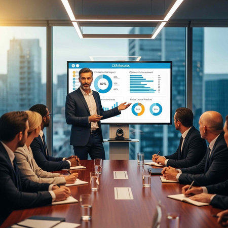 Man in suit presents data on screen to attentive colleagues in formal attire around a wooden table