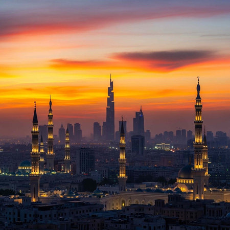 Vibrant orange and yellow sunset over a city with mosque towers and skyscrapers illuminated at dusk