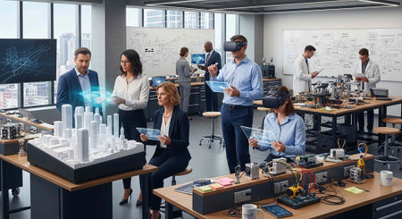 Diverse group of professionals working together in a futuristic office space with VR and various...