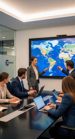 Group of professionals in formal attire gathered around conference table, engaged in discussion with...