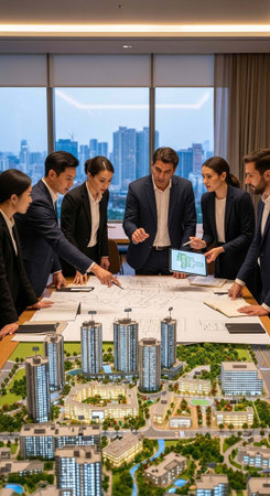 Group of professionals in suits discussing city plan model and blueprint in modern office