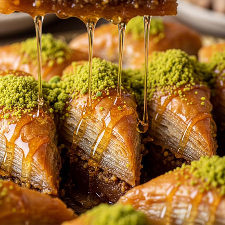 Close-up of baklava pieces with layers of phyllo dough, topped with green pistachio and drizzled with honeyの写真素材