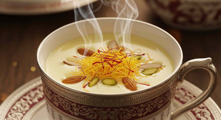 A steaming cup of creamy dessert topped with saffron, nuts, and dried fruit, served on a decorative plateの写真素材