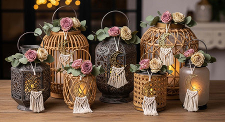 A collection of ornate lanterns with floral arrangements and tassels on a wooden table in a cozy...
