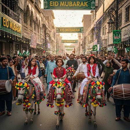 Colorful procession with decorated donkeys, people in traditional clothing, and festive decorations...
