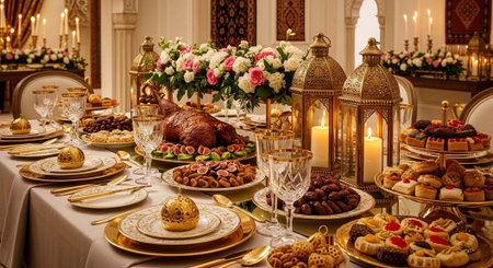 A lavishly set table with an assortment of dishes, gold cutlery, and ornate lanterns in a...