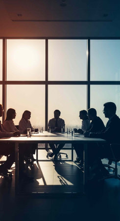 A group of people in business attire sit around a table in a modern office with large windows at...