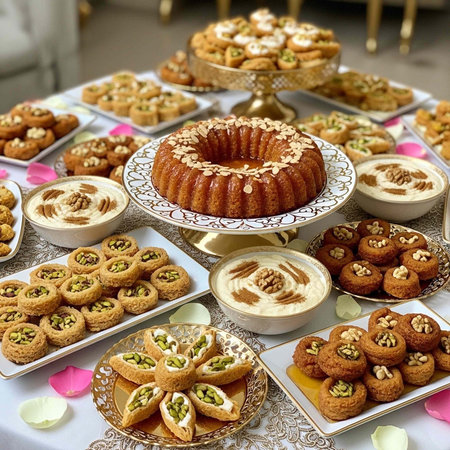 Variety of traditional desserts, including a large cake, pastries, and cookies, arranged on a table...