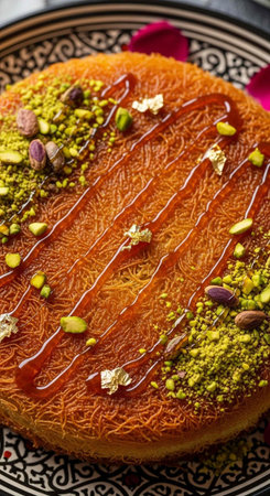 A sweet kunafeh dessert topped with pistachios, caramel sauce, and golden flakes on a decorative...