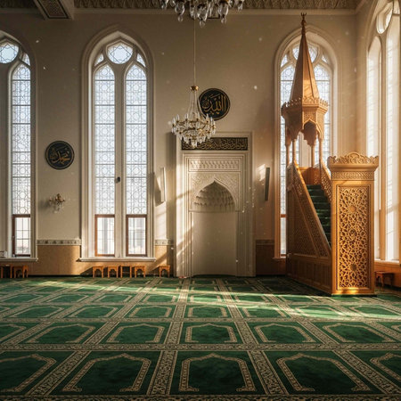 A serene mosque interior with green carpet, tall windows, and ornate wooden staircase and minbar