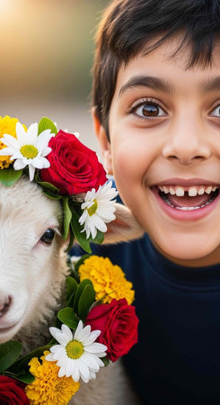 Close-up of a happy boy with a goat adorned with a vibrant floral crown, showcasing friendship and...