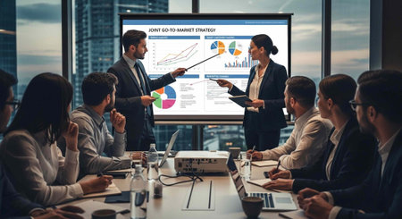 Corporate professionals gathered around table listening to presentation with graphs and charts on...
