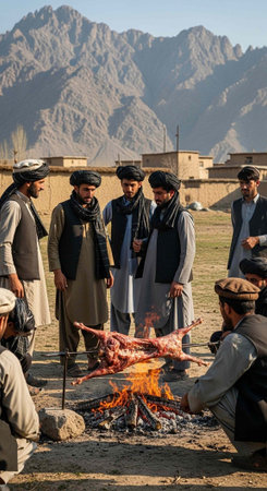 Group of Afghan men in traditional attire gathered around outdoor barbecue with mountains in...