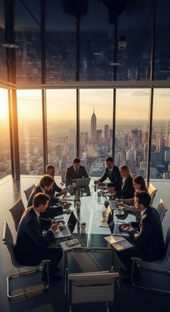 Corporate team in formal attire gathered around a large glass table in a modern high-rise office with a stunning city view.の写真素材