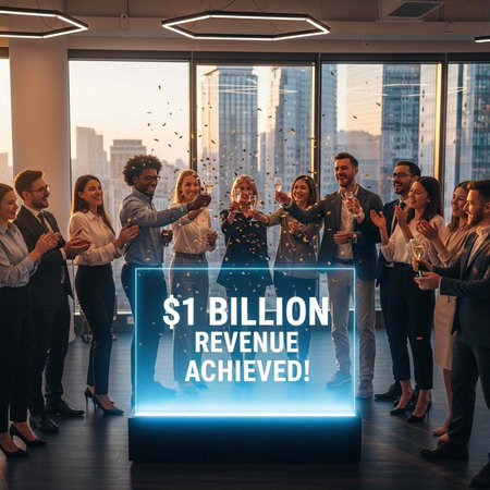 Diverse group of professionals cheering and toasting with champagne in a sleek office with city view