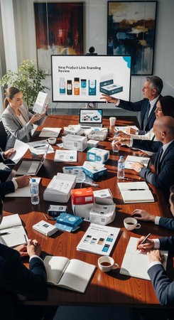 Group of professionals in suits discussing products and ideas around a wooden conference table with...