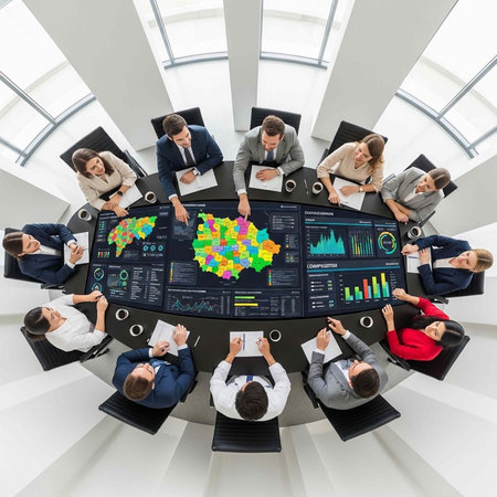 A group of professionals in business attire gathered around a large table with a colorful map and...