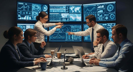 Group of professionals in formal attire discussing and pointing at large screens displaying graphs...