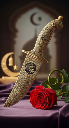 A gold dagger with intricate designs and a red rose on a purple cloth, with Islamic patterns and symbolsの写真素材