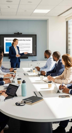A professional woman leads a meeting with a diverse group of colleagues in a sleek, contemporary...