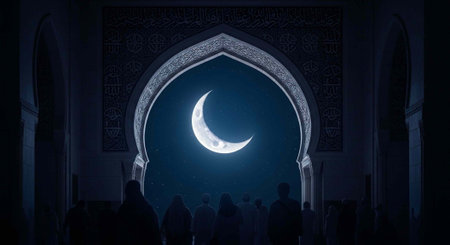 A group of silhouetted people look up at a crescent moon shining through an intricately designed...