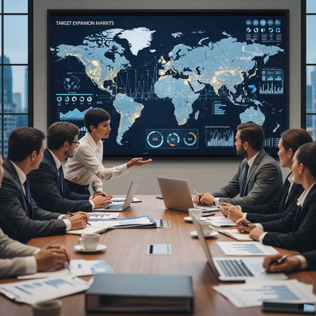 Group of suited professionals gathered around table with laptops and papers, looking at global map...