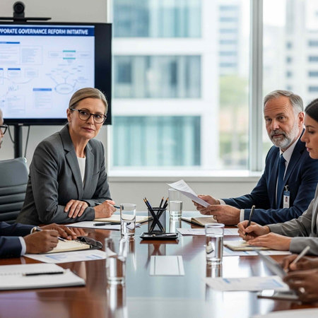 Group of people in business attire sitting around a table with papers and a screen in the background