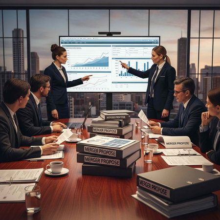 Two women present to group of men in suits around conference table with merger proposal documents...