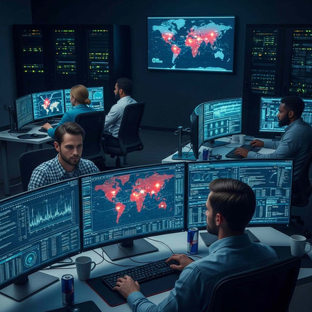 Men in a dark room with multiple computer screens displaying world maps and data