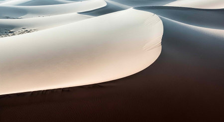 A peaceful desert scene featuring rolling white sand dunes with dark shadows at duskの写真素材