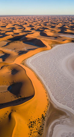 Vast desert expanse with orange sand dunes and cracked dry lake bed under clear blue skyの写真素材