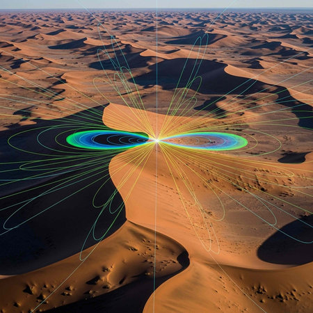 Aerial view of desert sand dunes with a glowing energy vortex and swirling lines in shades of blue,...