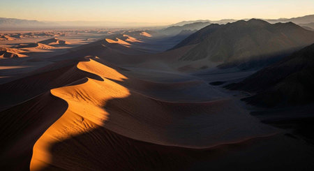 Aerial view of vast desert with golden sand dunes, mountains, and clear sky at sunset.の写真素材