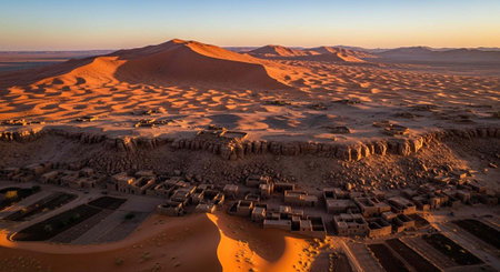 Aerial view of a desert village surrounded by sand dunes and mountains at sunset.の写真素材
