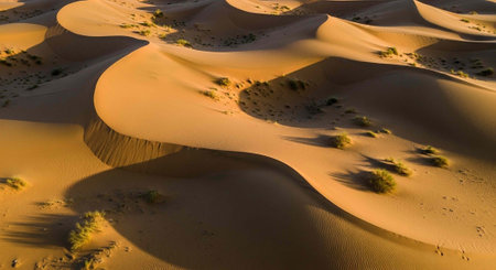 Expansive desert landscape with rolling sand dunes and sparse vegetation under warm sunlight.の写真素材
