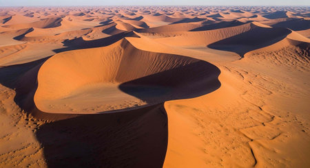 Aerial view of vast desert with rolling sand dunes and shadows cast on sandy terrain under clear skyの写真素材