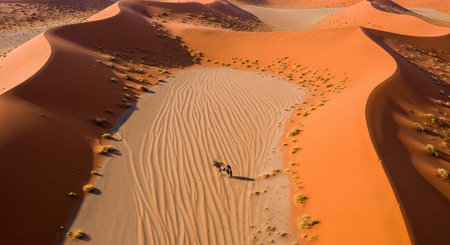 Aerial shot of vast desert with camel and rider on rippled sand dunes surrounded by sparse vegetationの写真素材