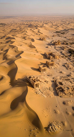 Aerial view of ancient ruins surrounded by vast sand dunes in a desert landscapeの写真素材