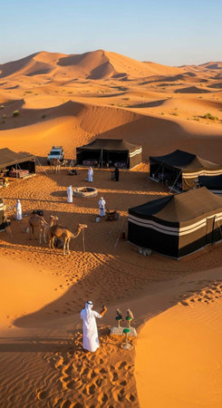 Aerial view of desert camp with tents, people in white robes, camels, and sandy dunes under clear blue skyの写真素材