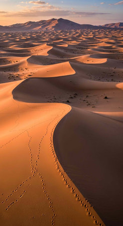 Aerial view of vast desert with rolling sand dunes, footprints, and distant mountains at sunset.の写真素材