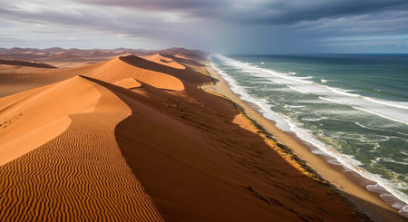 Aerial view of orange sand dunes alongside green ocean waves on a cloudy dayの写真素材