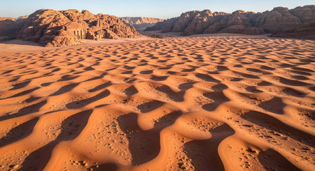 A vast desert scene featuring sand dunes and rugged rocky mountains under a clear skyの写真素材
