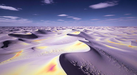 A vast desert scene with rolling golden sand dunes under a blue sky with scattered clouds.の写真素材