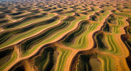 Rolling hills with alternating green and brown stripes, showcasing unique landscape formation and natural beautyの写真素材