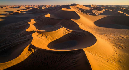 Expansive desert landscape with rolling golden sand dunes under a clear sky at sunset.の写真素材