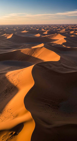 Aerial view of vast desert with rolling golden sand dunes under a blue sky with wispy cloudsの写真素材