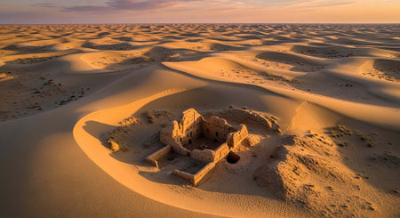 Aerial view of crumbling desert structure surrounded by vast sandy dunes at golden hour.の写真素材