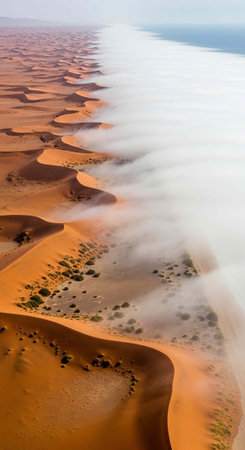 Aerial perspective of orange desert sand dunes with green shrubs and fog rolling in, creating a striking contrast.の写真素材